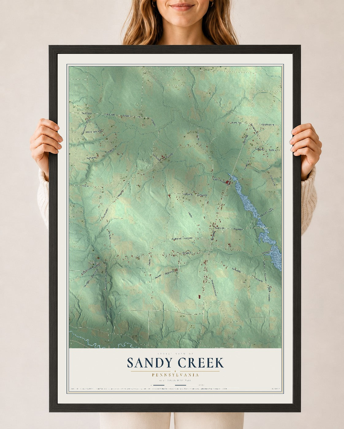 Map of Sandy Creek, Pennsylvania, 24 x 36 inch print in a black wood frame