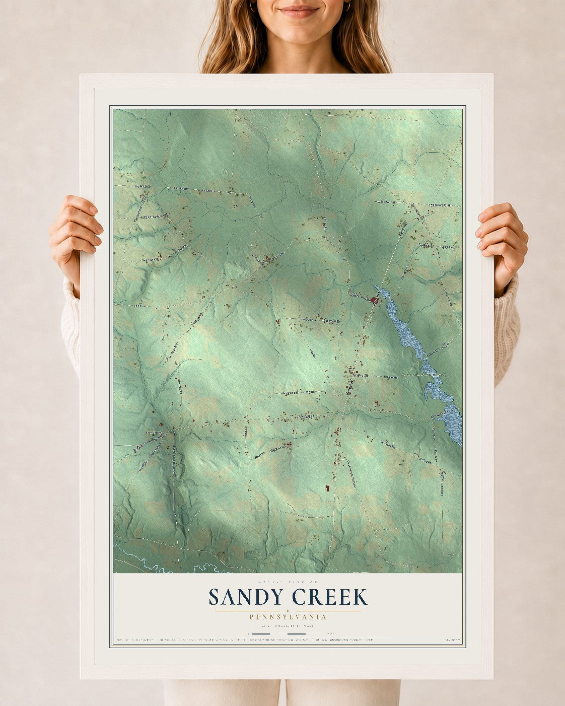 Map of Sandy Creek, Pennsylvania, 24 x 36 inch print in a white wood frame