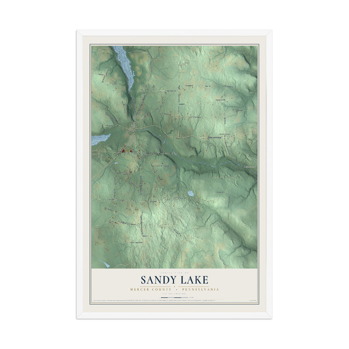 Map of Sandy Lake, Mercer County, Pennsylvania, 12 x 18 inch print in a white wood frame