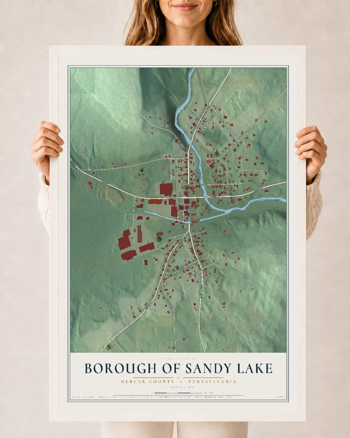 Map of the Borough of Sandy Lake, Mercer County, Pennsylvania, 24 x 36 inch print in a white wood frame