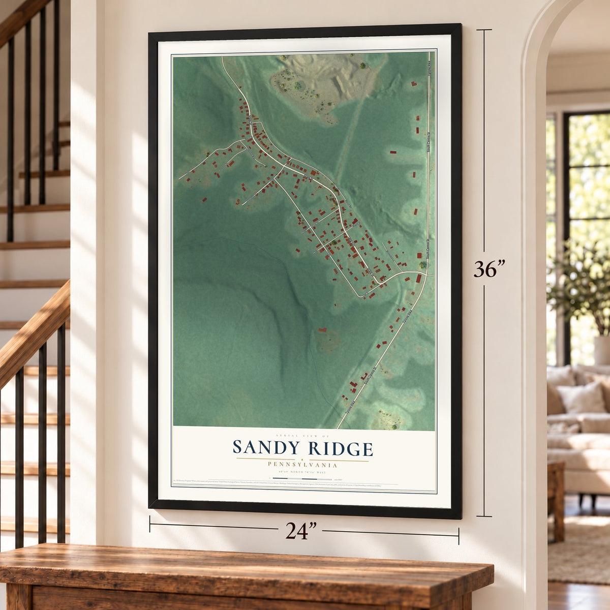 Sandy Ridge, Pennsylvania map, 24 x 36 inch print in a black frame by a staircase