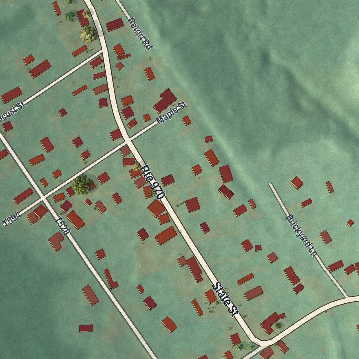 Close-up of the map of Sandy Ridge, Pennsylvania print showing street and building detail