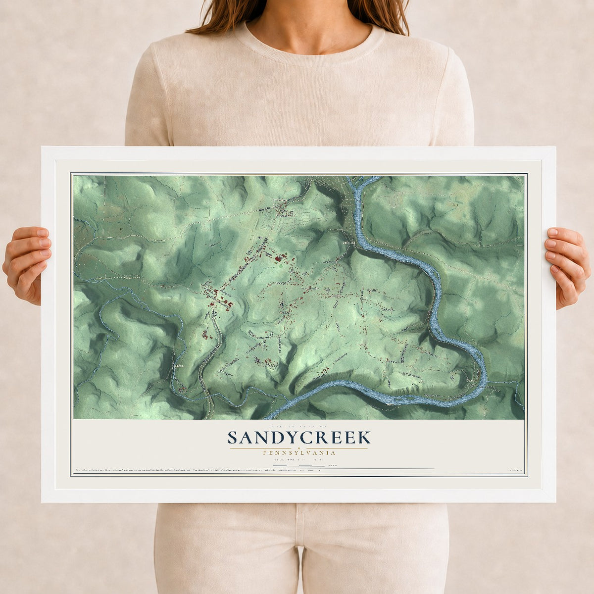 Map of Sandycreek, Pennsylvania, 12 x 18 inch print in a white wood frame