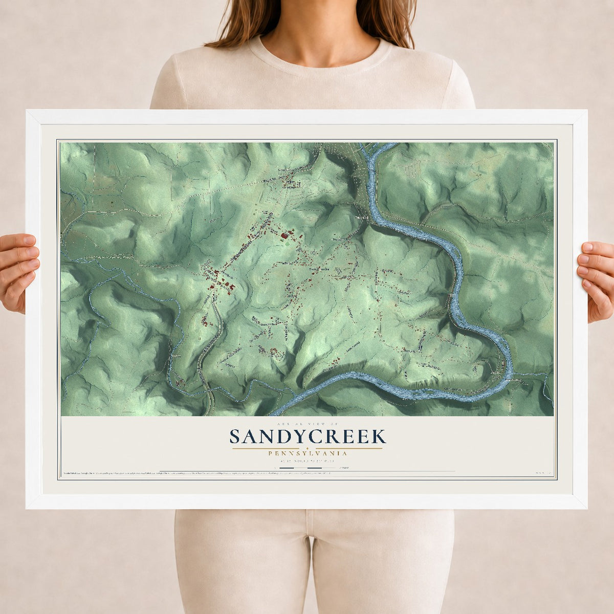 Map of Sandycreek, Pennsylvania, 18 x 24 inch print in a white wood frame