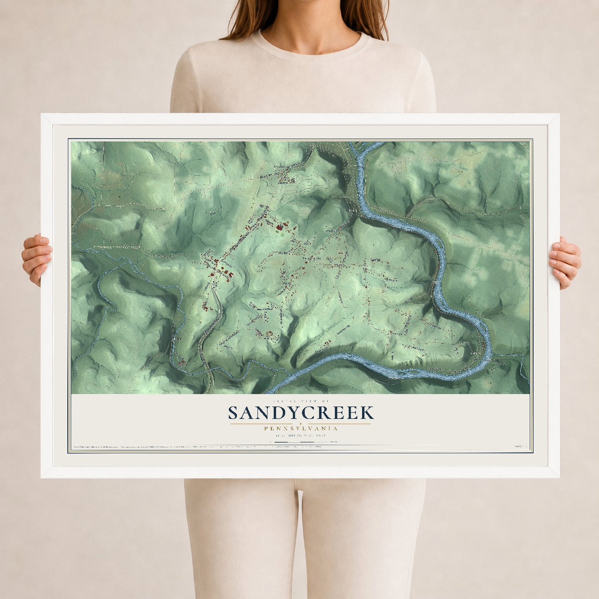 Map of Sandycreek, Pennsylvania, 24 x 36 inch print in a white wood frame