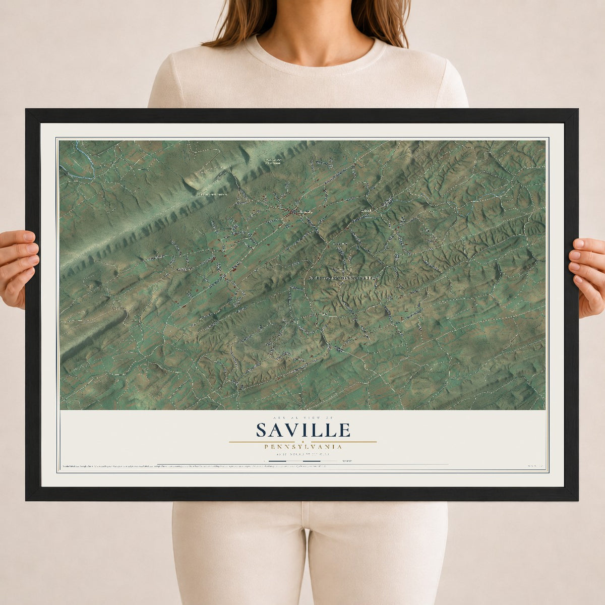 Map of Saville, Pennsylvania, 18 x 24 inch print in a black wood frame