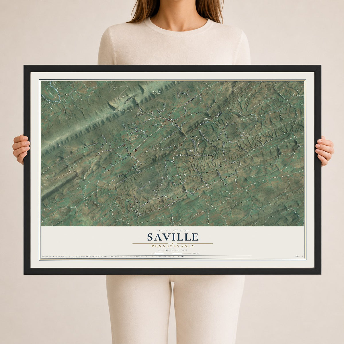 Map of Saville, Pennsylvania, 24 x 36 inch print in a black wood frame