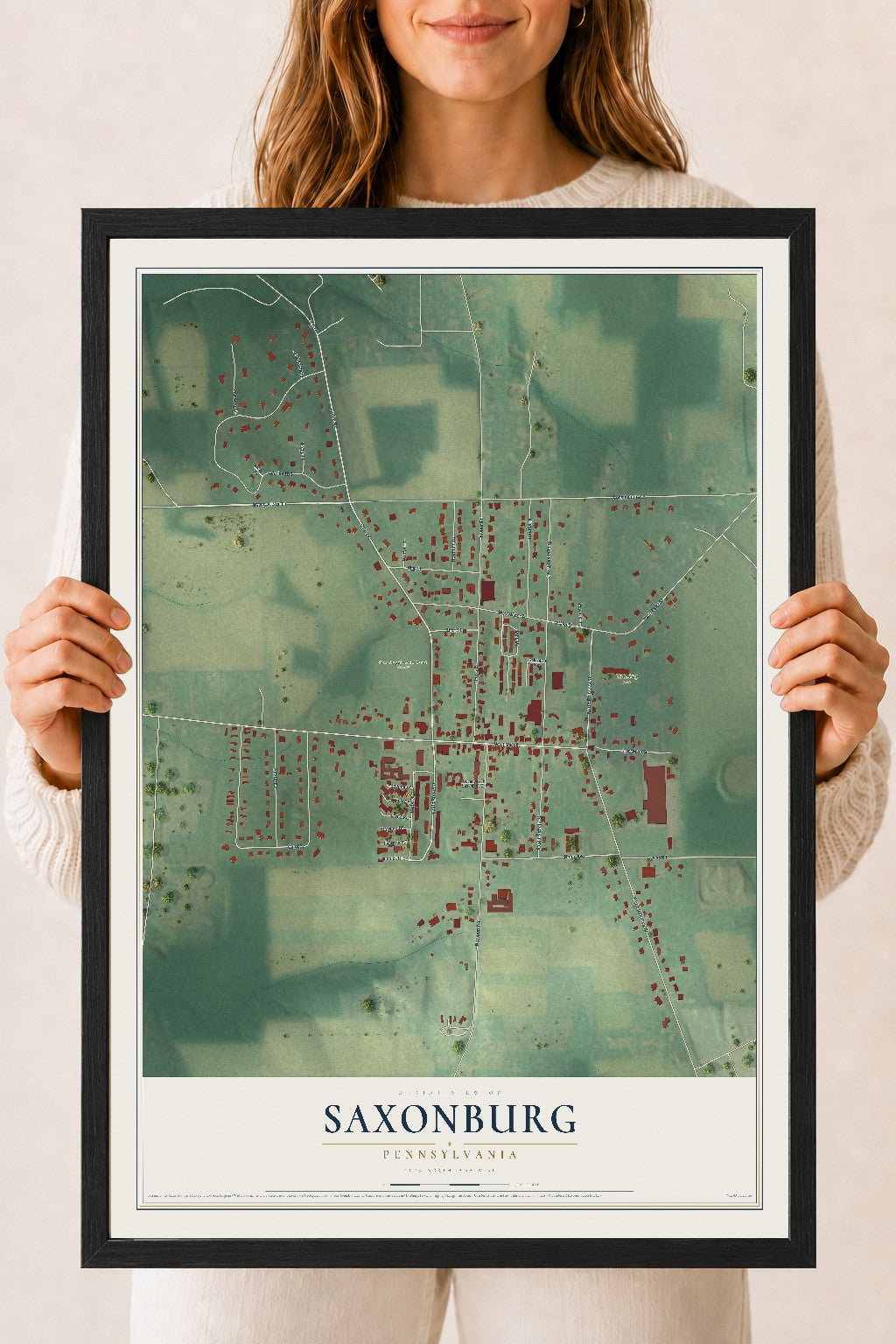 Map of Saxonburg, Pennsylvania, 18 x 24 inch print in a black wood frame