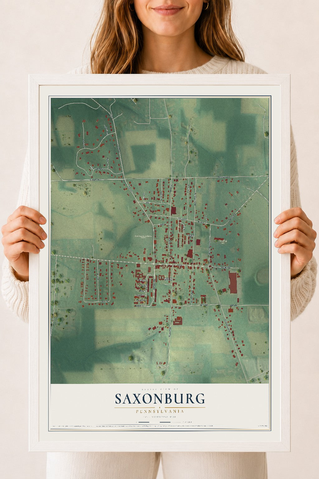 Map of Saxonburg, Pennsylvania, 18 x 24 inch print in a white wood frame