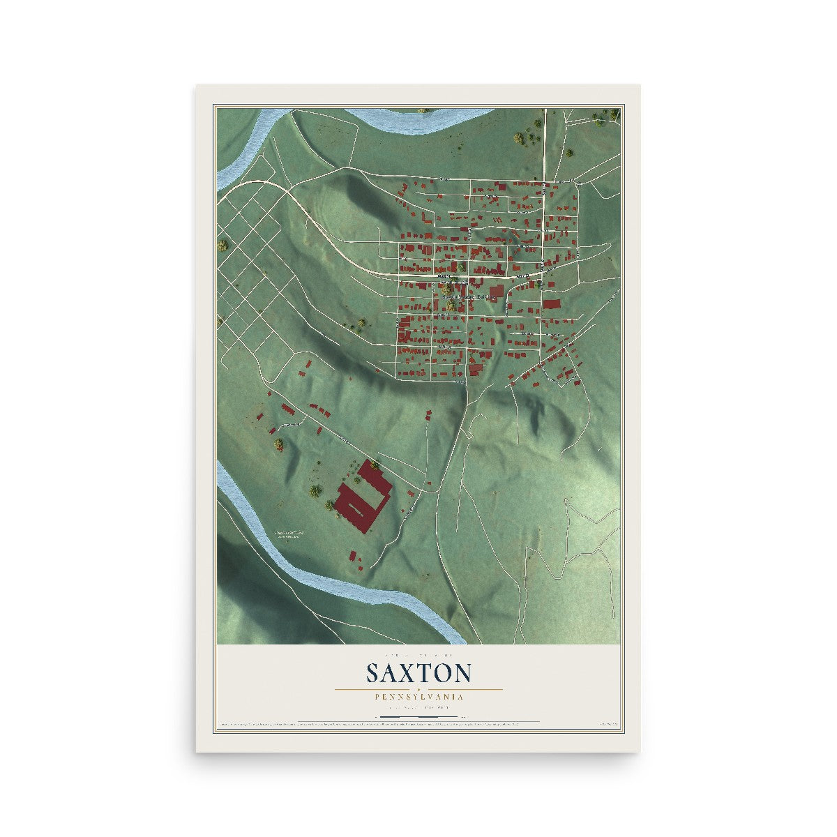 Map of Saxton, Pennsylvania, 12 x 18 inch unframed archival matte print