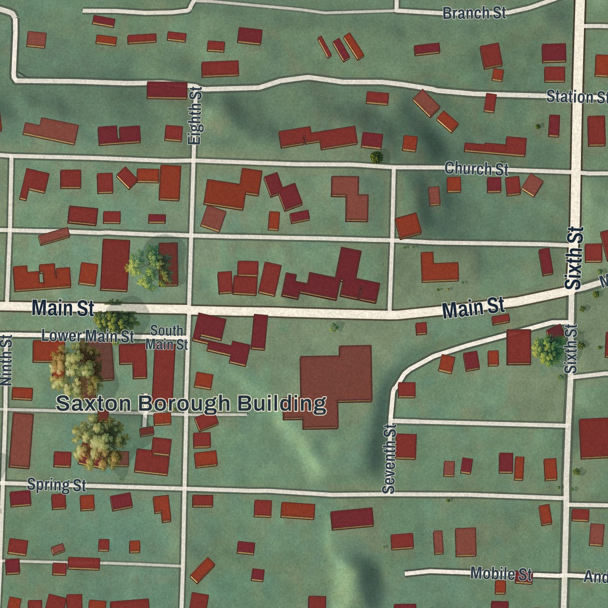 Close-up of the map of Saxton, Pennsylvania print showing street and building detail