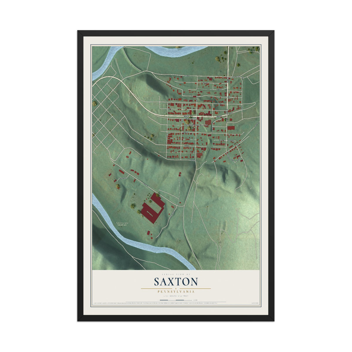 Map of Saxton, Pennsylvania, 12 x 18 inch print in a black wood frame