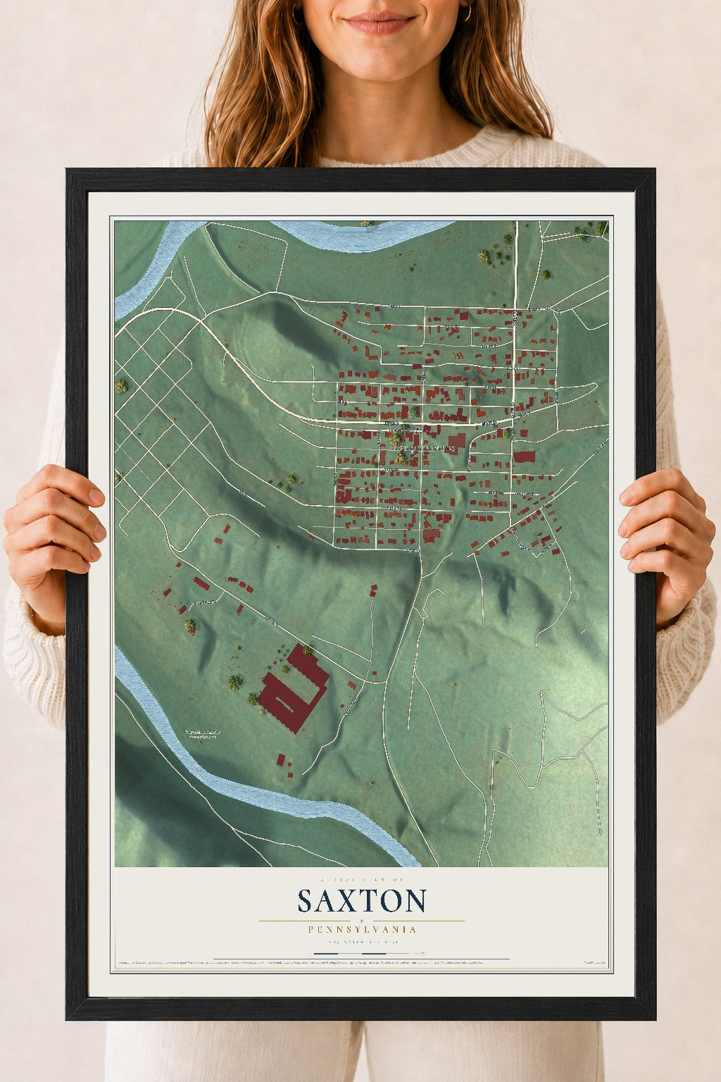 Map of Saxton, Pennsylvania, 18 x 24 inch print in a black wood frame