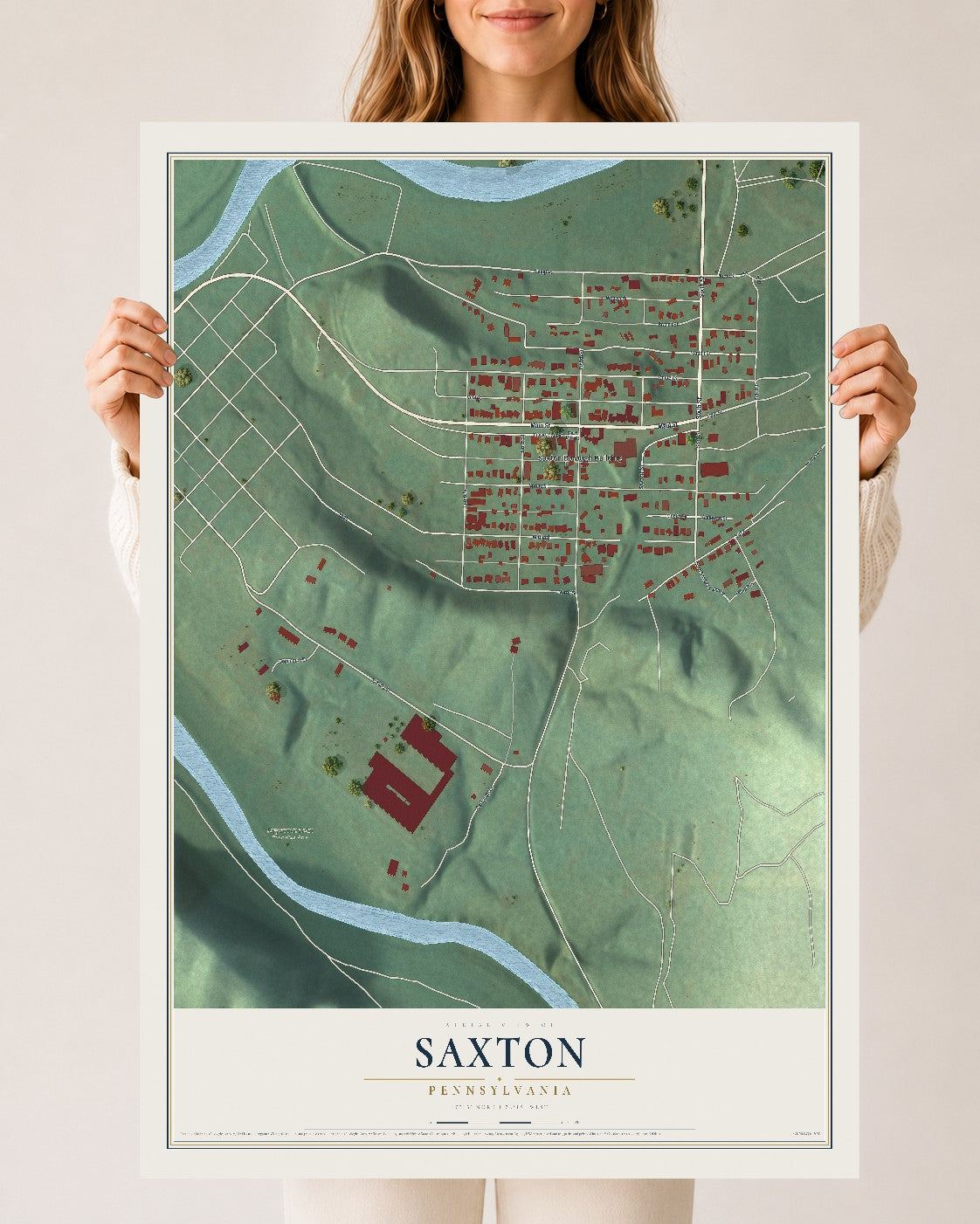 Map of Saxton, Pennsylvania, 24 x 36 inch unframed archival matte print