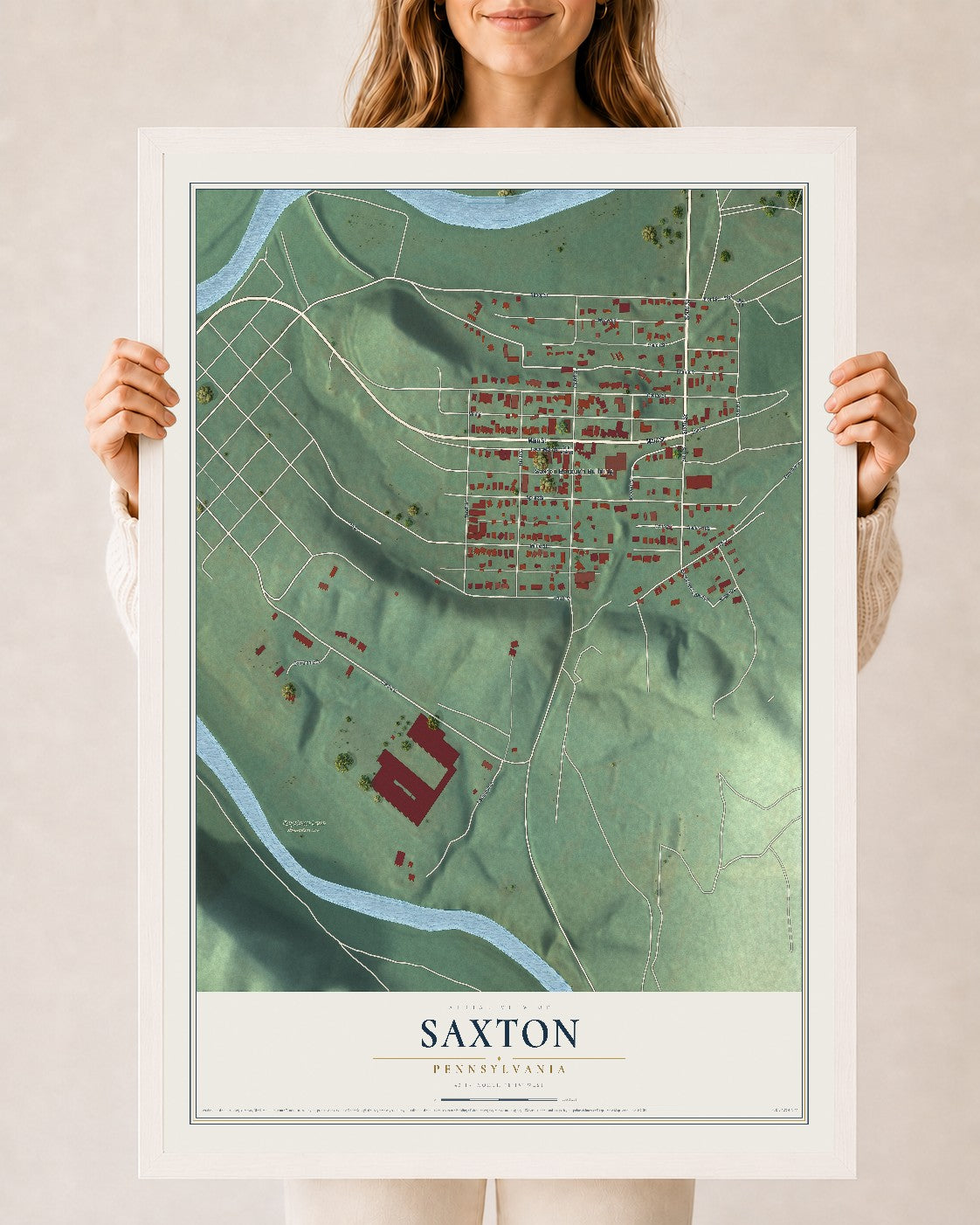 Map of Saxton, Pennsylvania, 24 x 36 inch print in a white wood frame