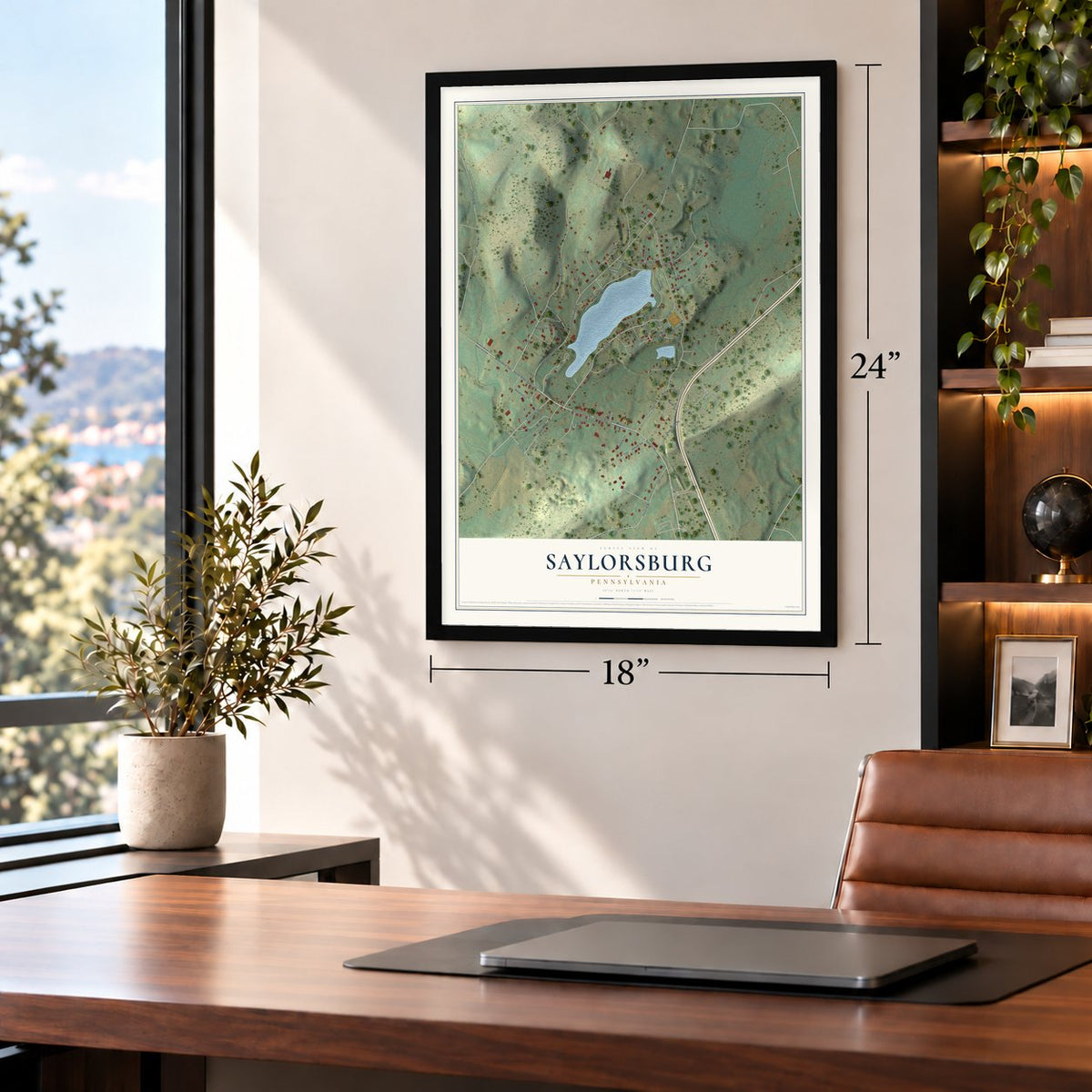 Saylorsburg, Pennsylvania map, 18 x 24 inch print in a black frame in a home office