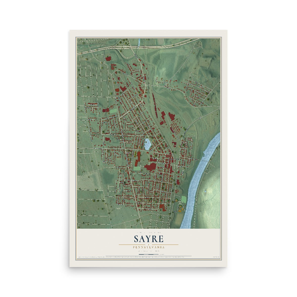 Map of Sayre, Pennsylvania, 12 x 18 inch unframed archival matte print