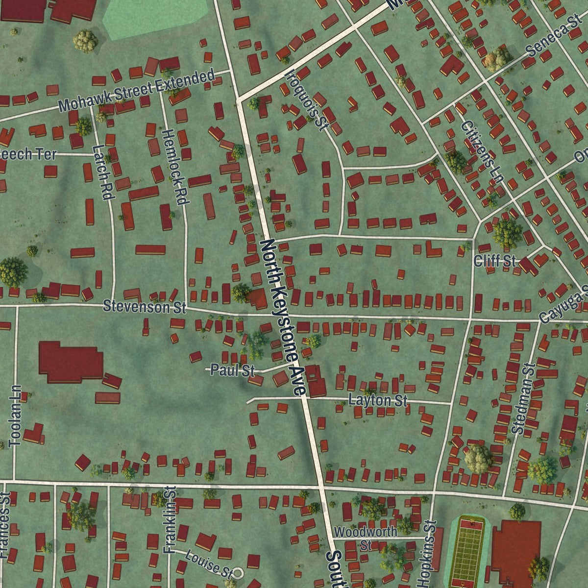 Close-up of the map of Sayre, Pennsylvania print showing street and building detail