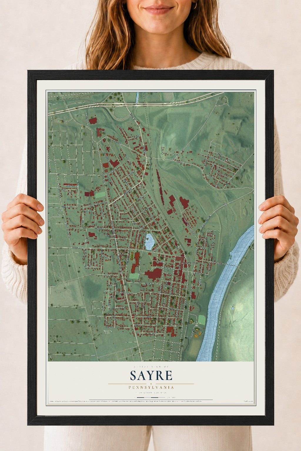 Map of Sayre, Pennsylvania, 18 x 24 inch print in a black wood frame
