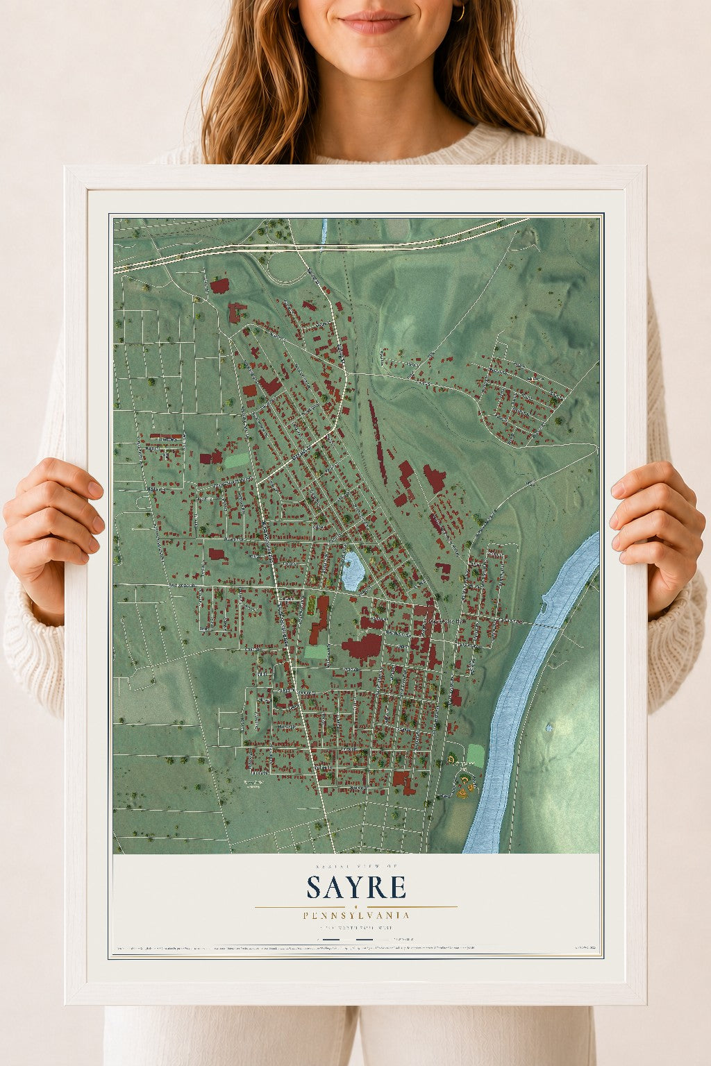 Map of Sayre, Pennsylvania, 18 x 24 inch print in a white wood frame