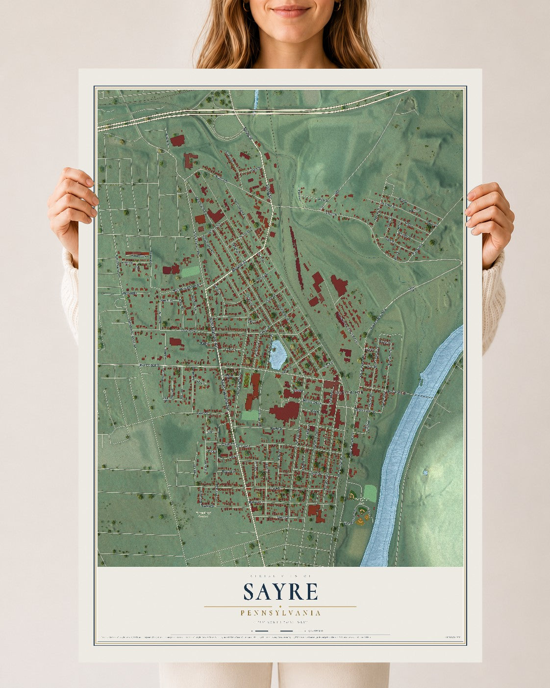 Map of Sayre, Pennsylvania, 24 x 36 inch unframed archival matte print