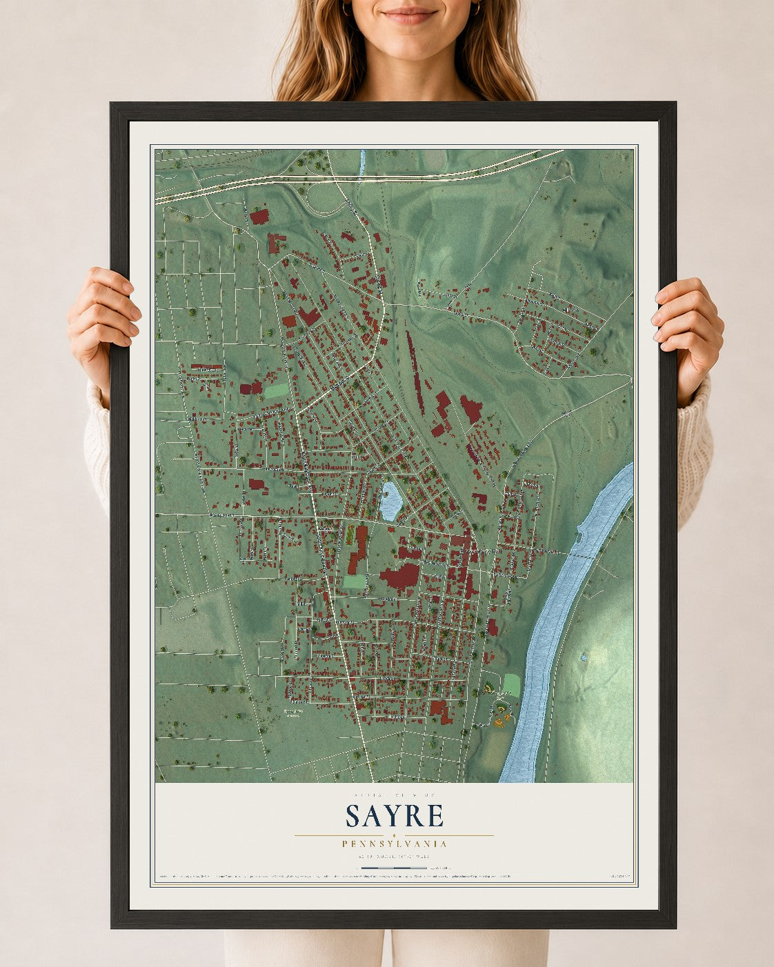 Map of Sayre, Pennsylvania, 24 x 36 inch print in a black wood frame