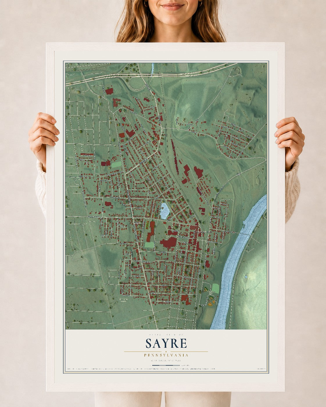 Map of Sayre, Pennsylvania, 24 x 36 inch print in a white wood frame