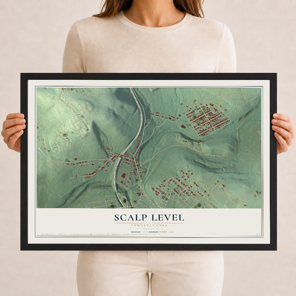 Map of Scalp Level, Pennsylvania, 12 x 18 inch print in a black wood frame