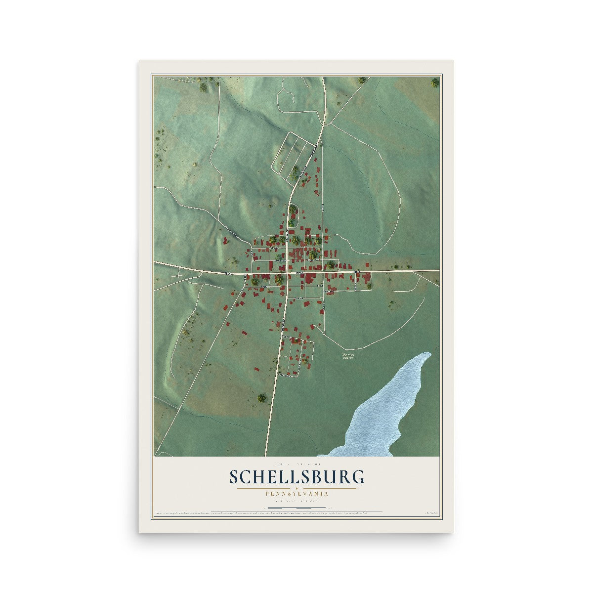 Map of Schellsburg, Pennsylvania, 12 x 18 inch unframed archival matte print