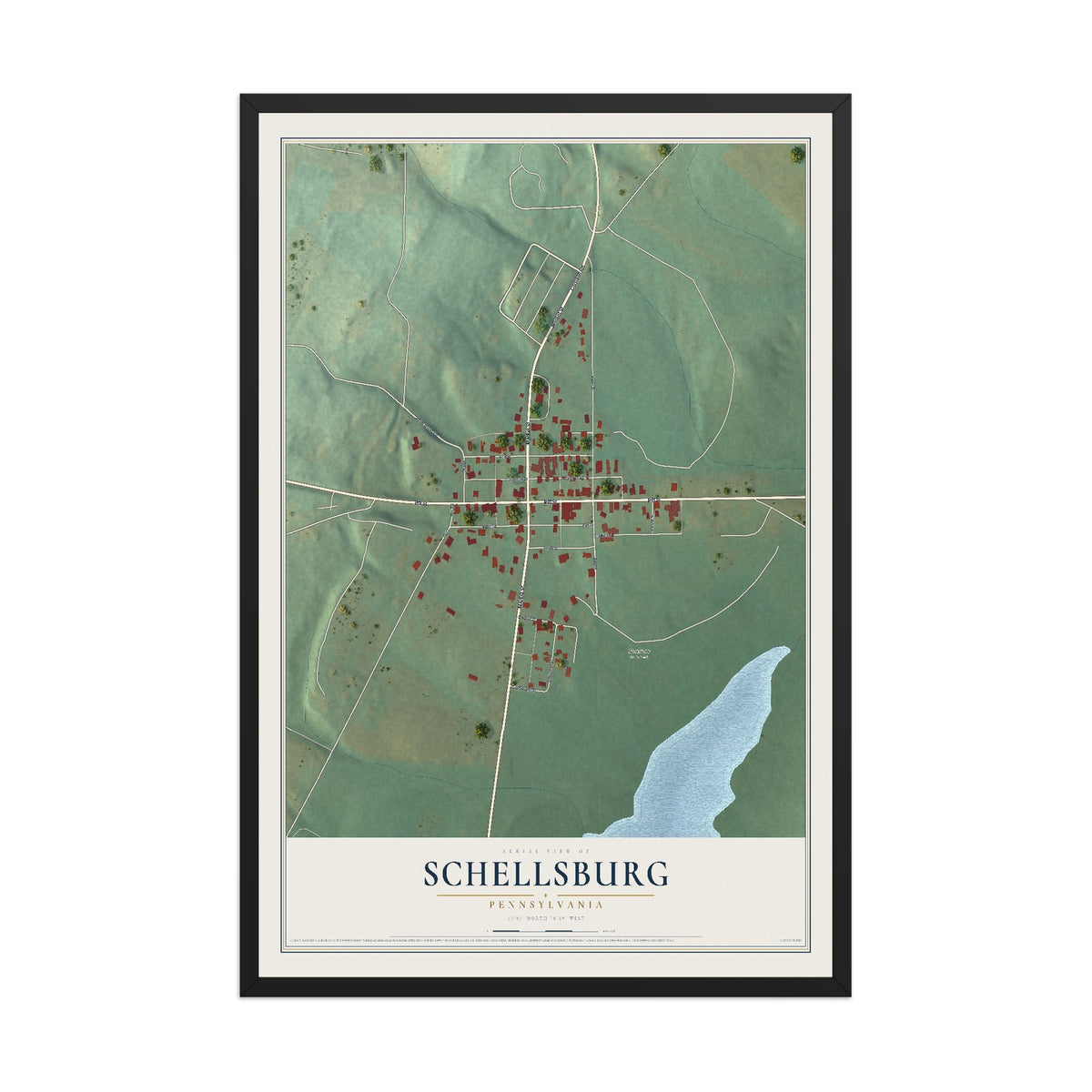 Map of Schellsburg, Pennsylvania, 12 x 18 inch print in a black wood frame