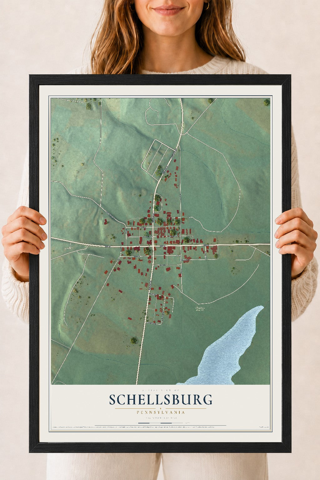 Map of Schellsburg, Pennsylvania, 18 x 24 inch print in a black wood frame