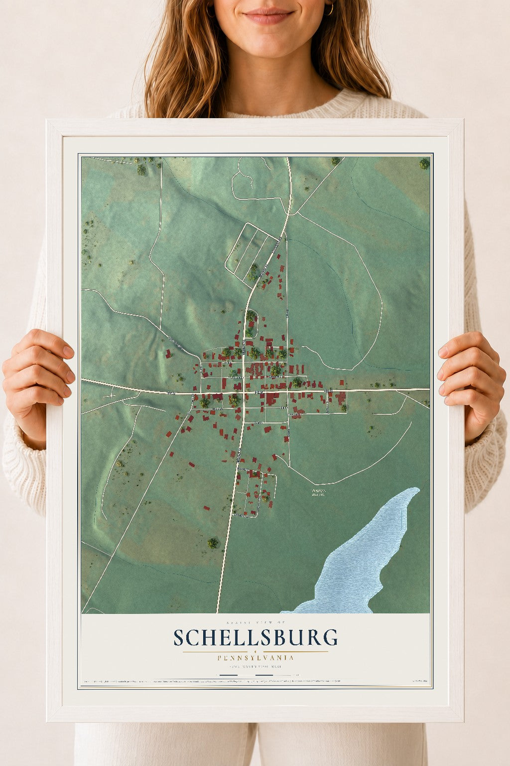 Map of Schellsburg, Pennsylvania, 18 x 24 inch print in a white wood frame