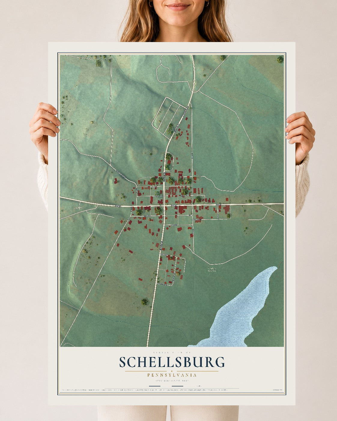 Map of Schellsburg, Pennsylvania, 24 x 36 inch unframed archival matte print