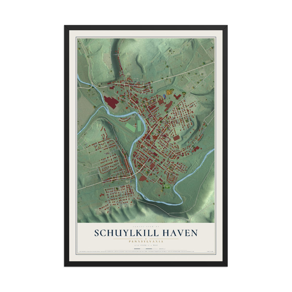 Map of Schuylkill Haven, Pennsylvania, 12 x 18 inch print in a black wood frame