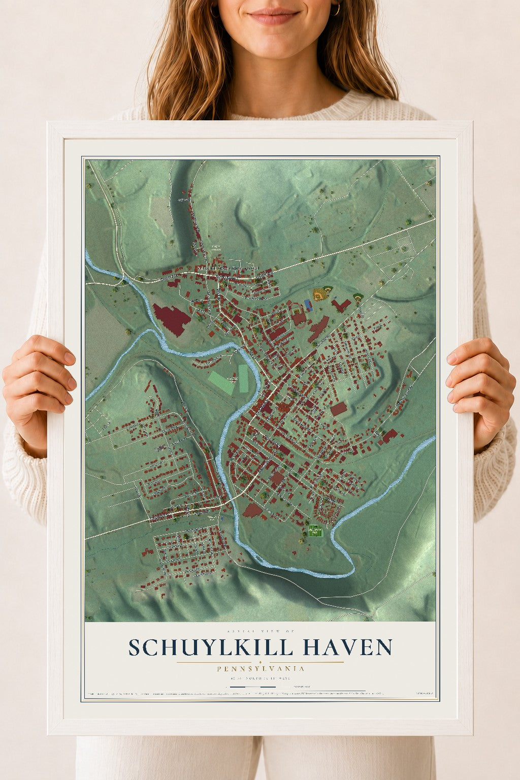 Map of Schuylkill Haven, Pennsylvania, 18 x 24 inch print in a white wood frame