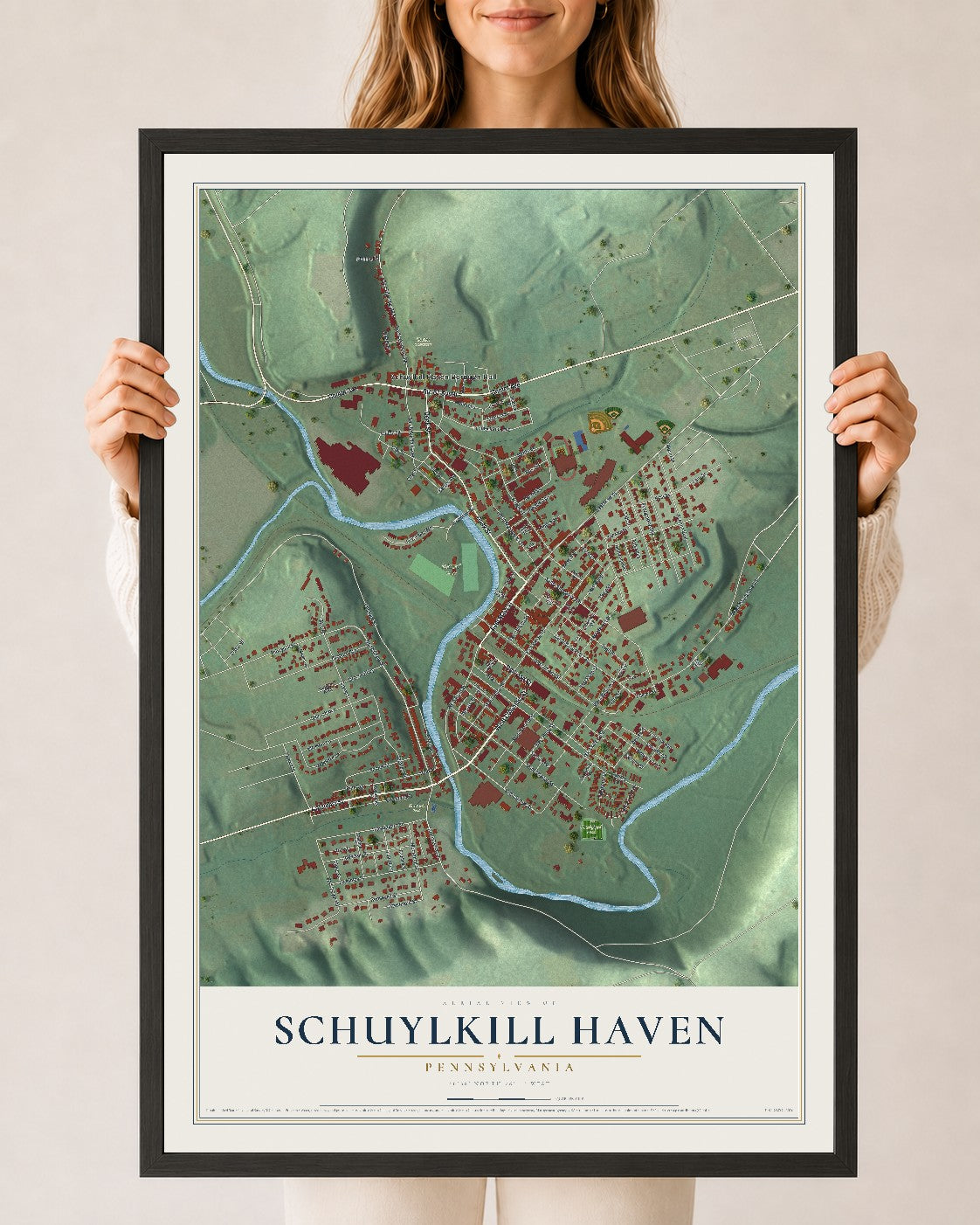 Map of Schuylkill Haven, Pennsylvania, 24 x 36 inch print in a black wood frame