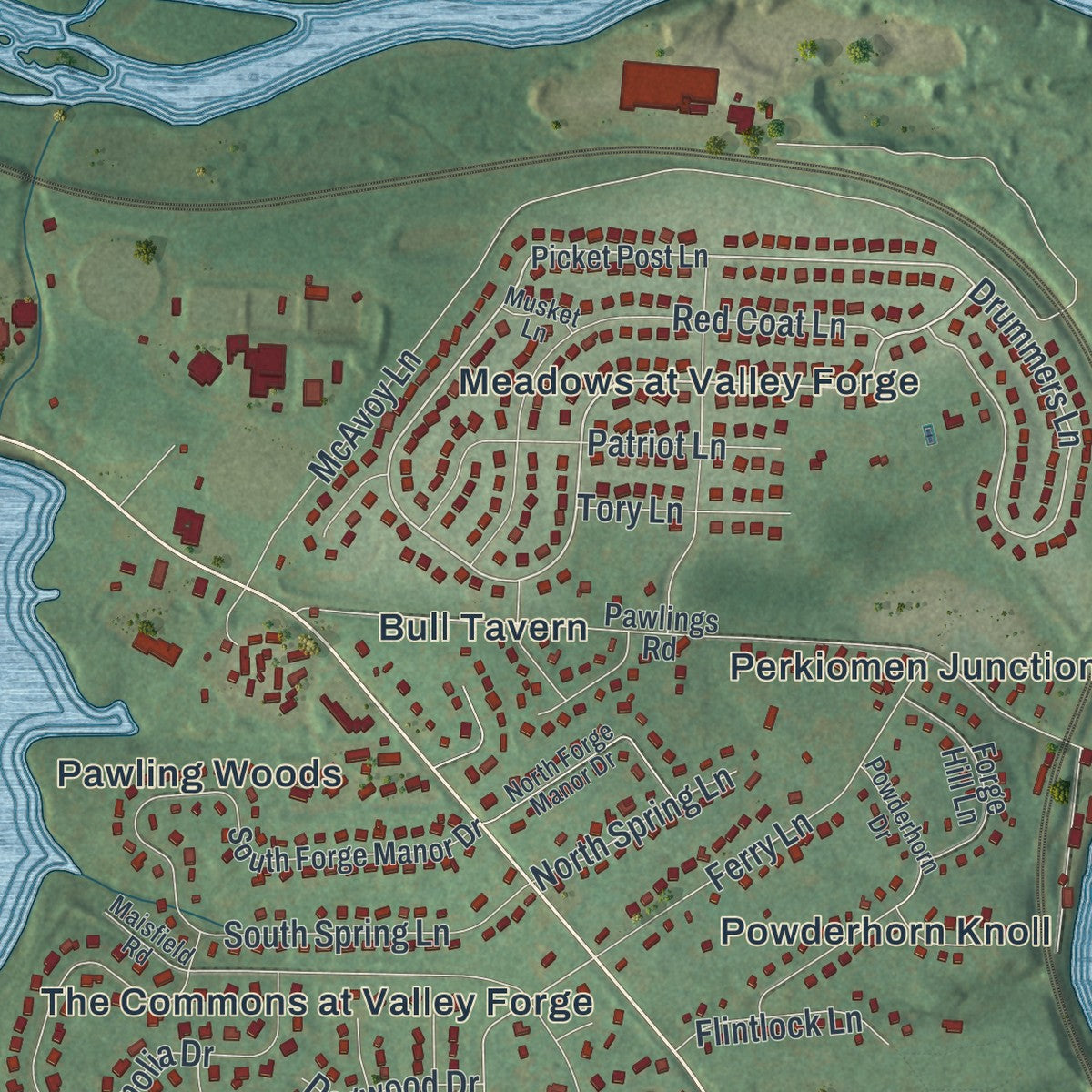 Close-up of the map of Schuylkill, Chester County, Pennsylvania print showing street and building detail
