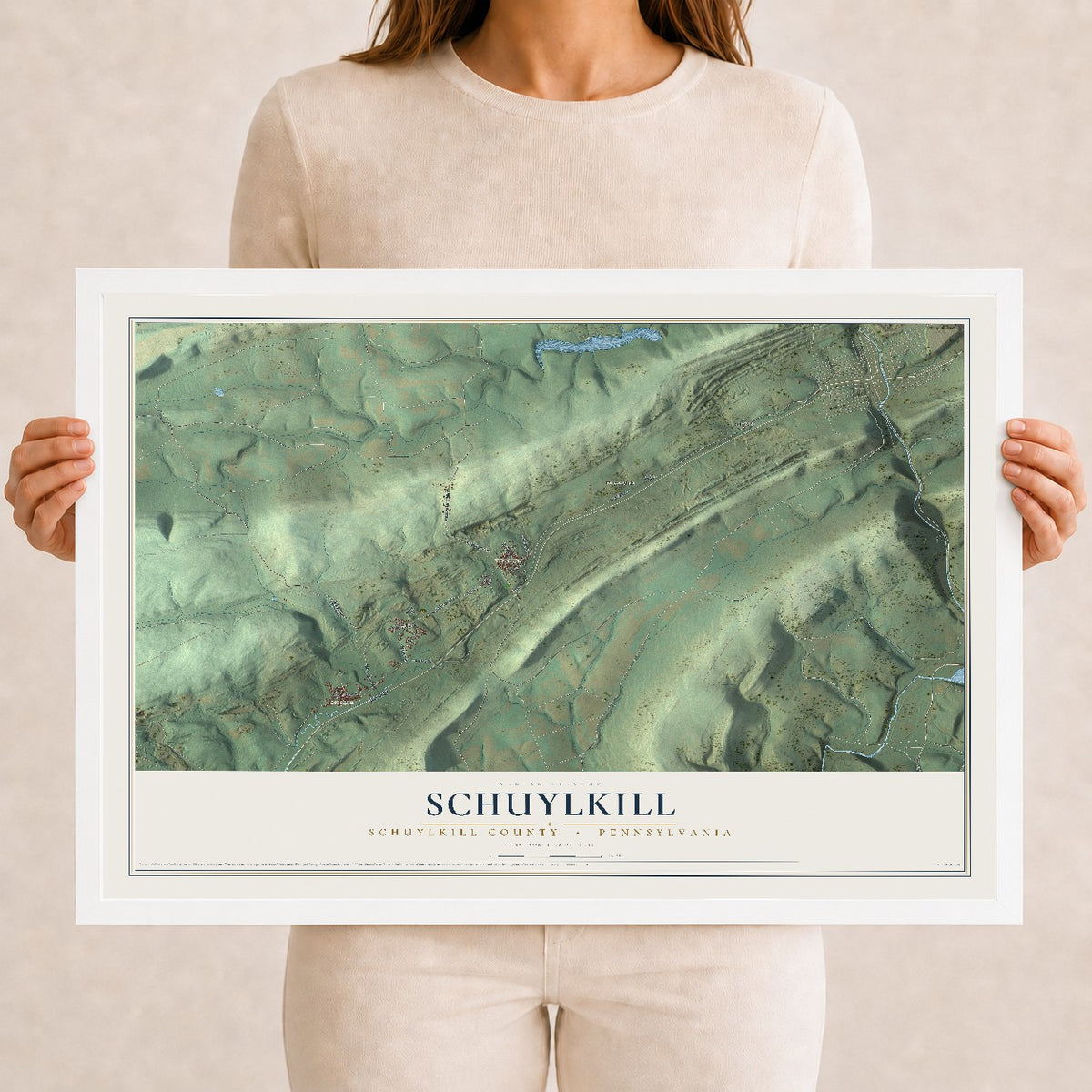 Map of Schuylkill, Schuylkill County, Pennsylvania, 12 x 18 inch print in a white wood frame