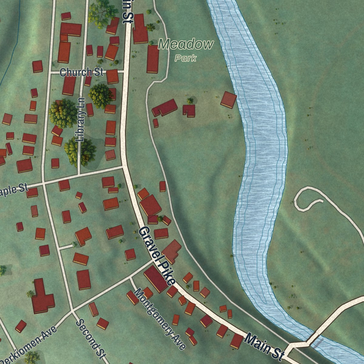 Close-up of the map of Schwenksville, Pennsylvania print showing street and building detail
