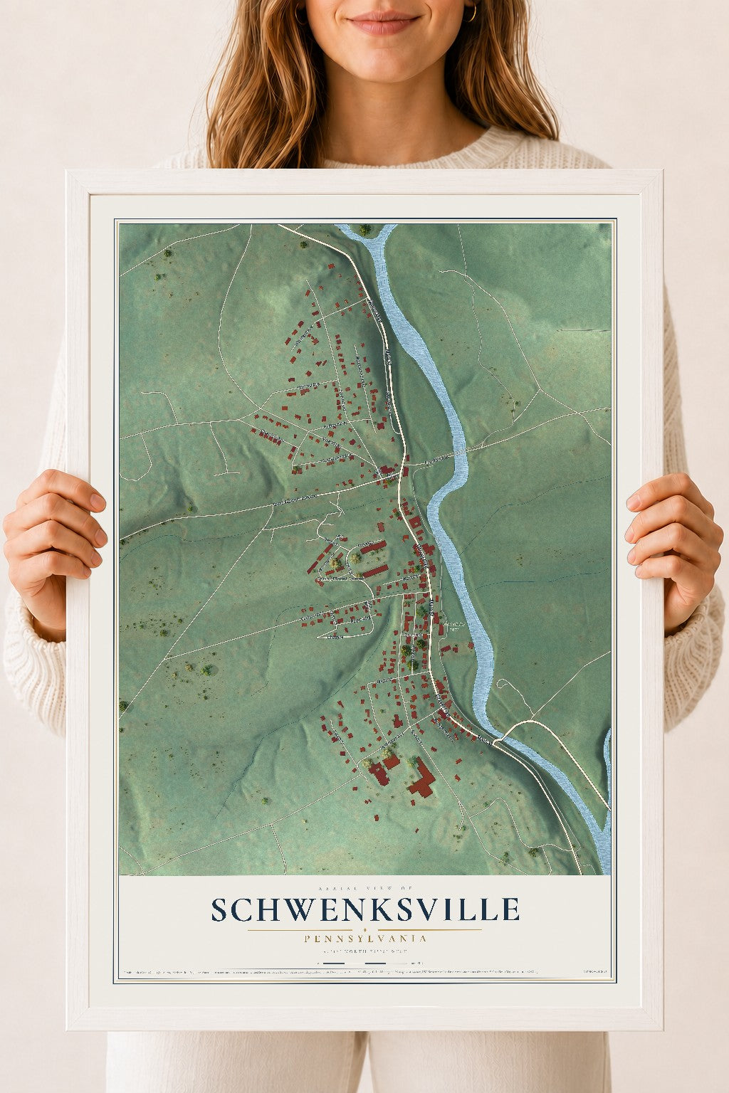 Map of Schwenksville, Pennsylvania, 18 x 24 inch print in a white wood frame