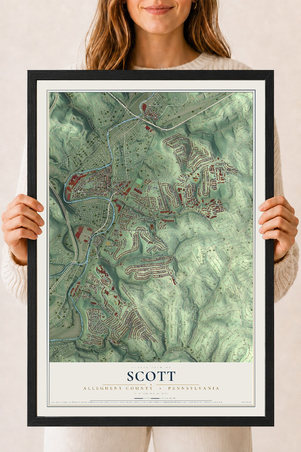 Map of Scott, Allegheny County, Pennsylvania, 18 x 24 inch print in a black wood frame