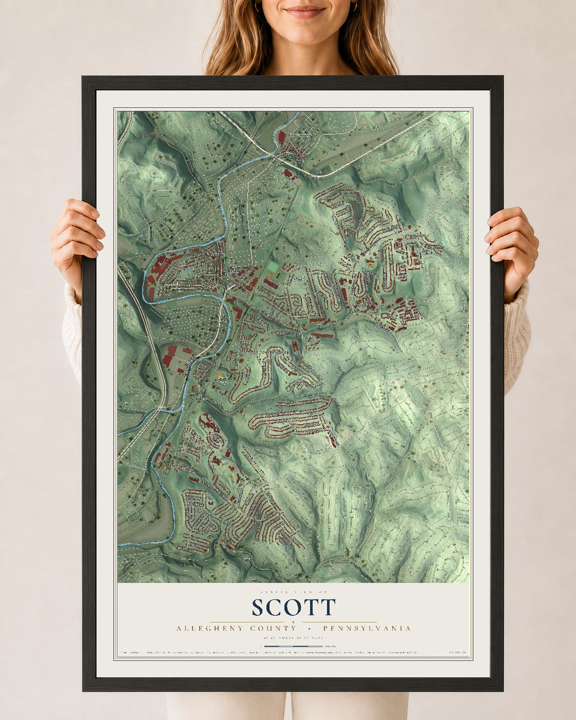 Map of Scott, Allegheny County, Pennsylvania, 24 x 36 inch print in a black wood frame