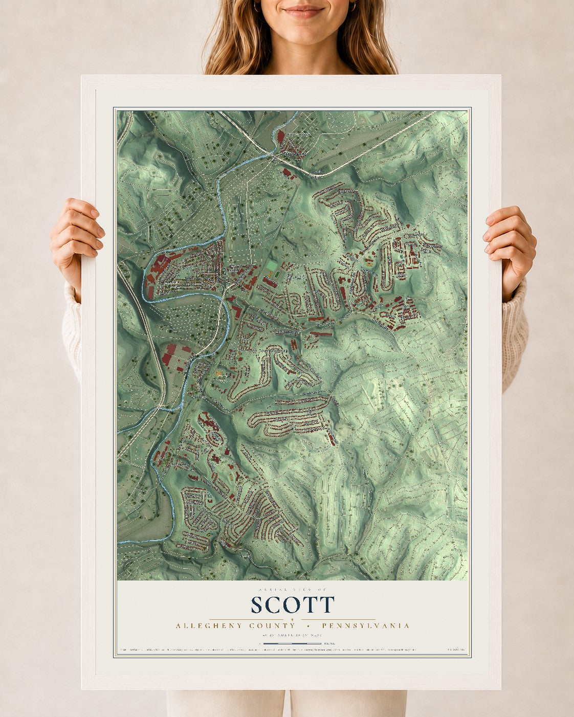Map of Scott, Allegheny County, Pennsylvania, 24 x 36 inch print in a white wood frame