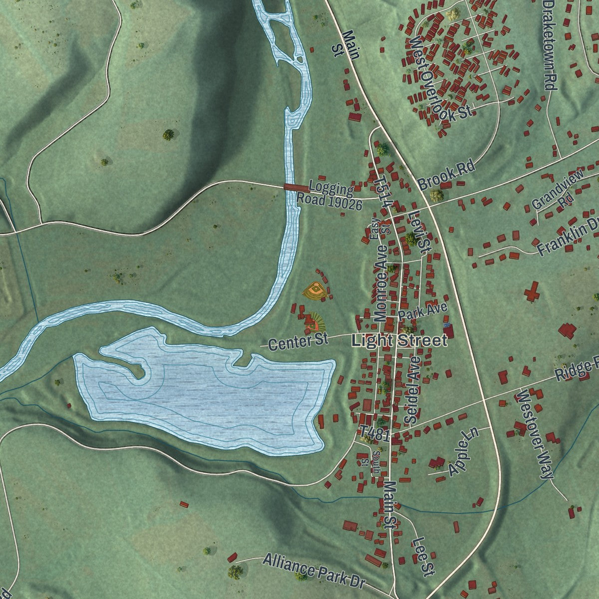 Second close-up of the map of Scott, Columbia County, Pennsylvania print showing more streets and buildings