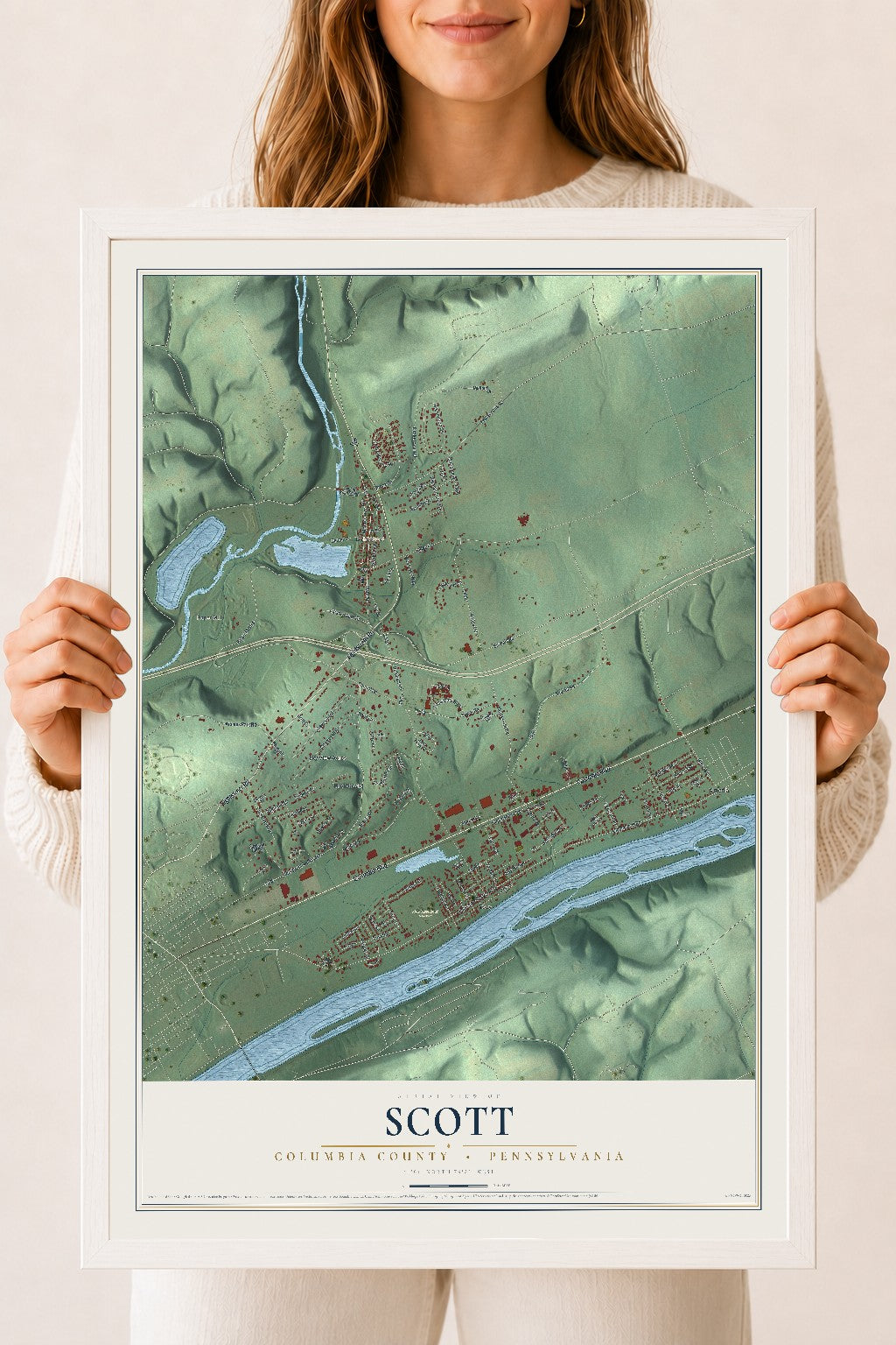 Map of Scott, Columbia County, Pennsylvania, 18 x 24 inch print in a white wood frame