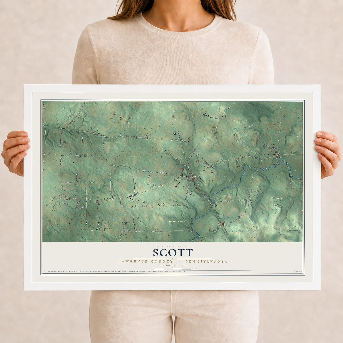 Map of Scott, Lawrence County, Pennsylvania, 12 x 18 inch print in a white wood frame