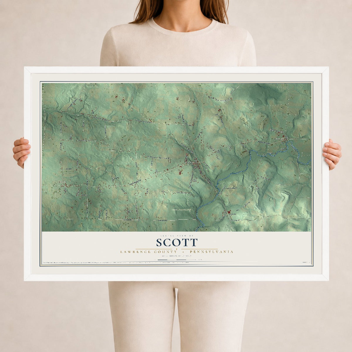 Map of Scott, Lawrence County, Pennsylvania, 24 x 36 inch print in a white wood frame
