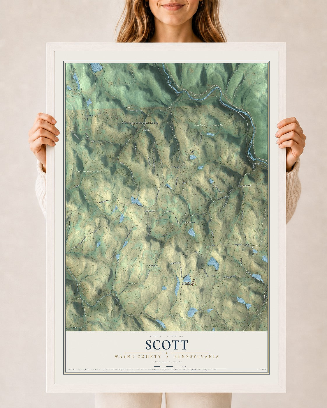 Map of Scott, Wayne County, Pennsylvania, 24 x 36 inch print in a white wood frame