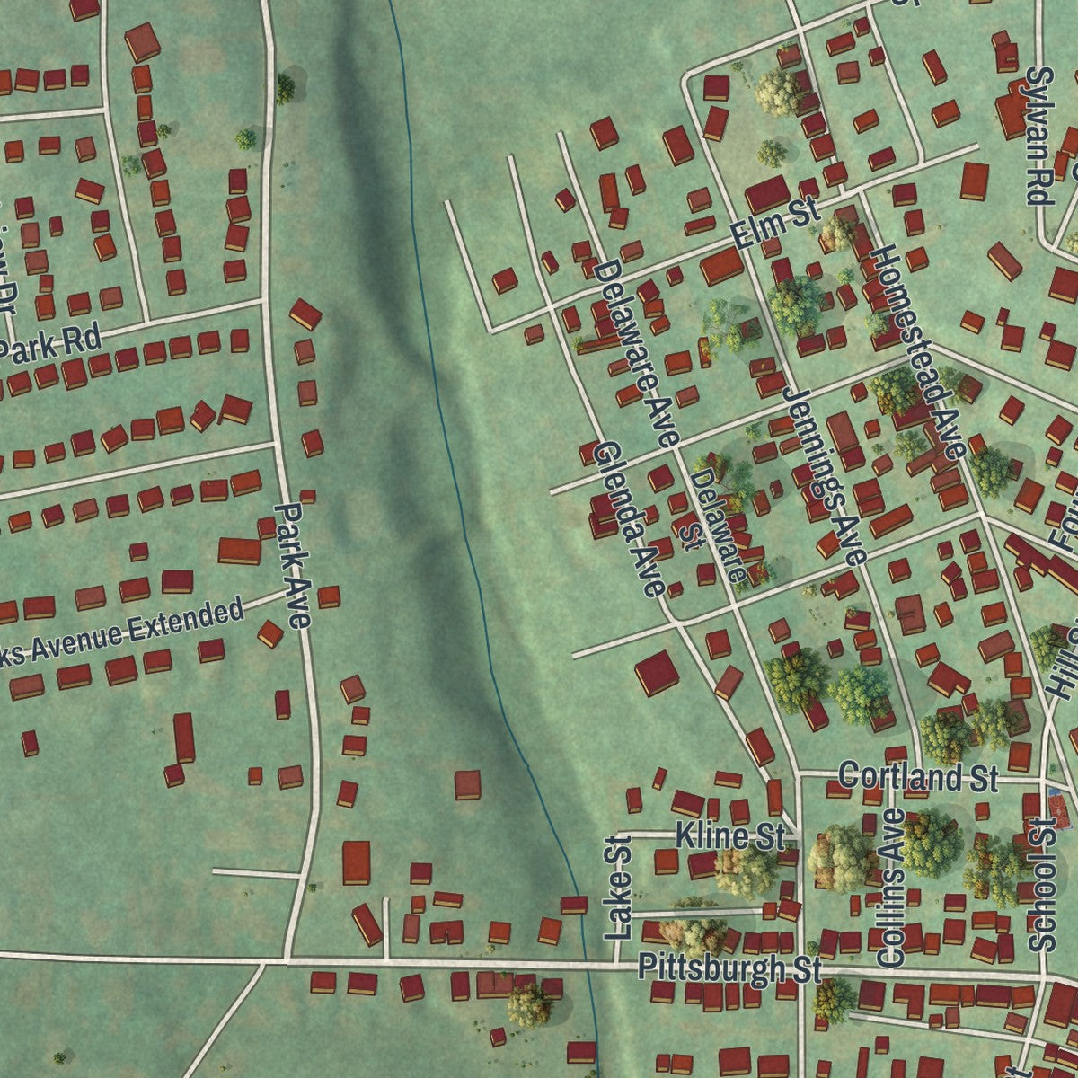 Second close-up of the map of Scottdale, Pennsylvania print showing more streets and buildings