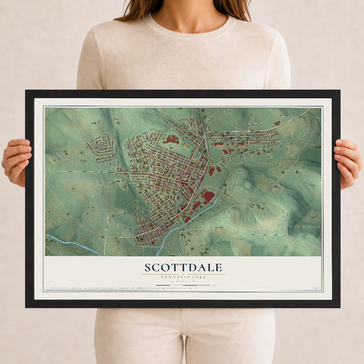 Map of Scottdale, Pennsylvania, 12 x 18 inch print in a black wood frame